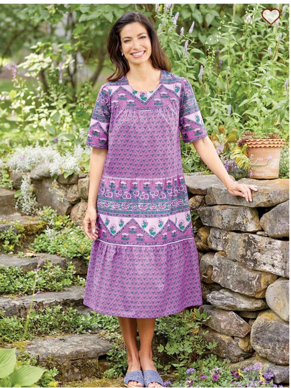 Vermont Country Store Mid-Calf Tiered Cotton Muumuu XS purple floral conservativ